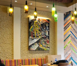 Rough and rustic textured clay finish, Nando's restaurant in Watford